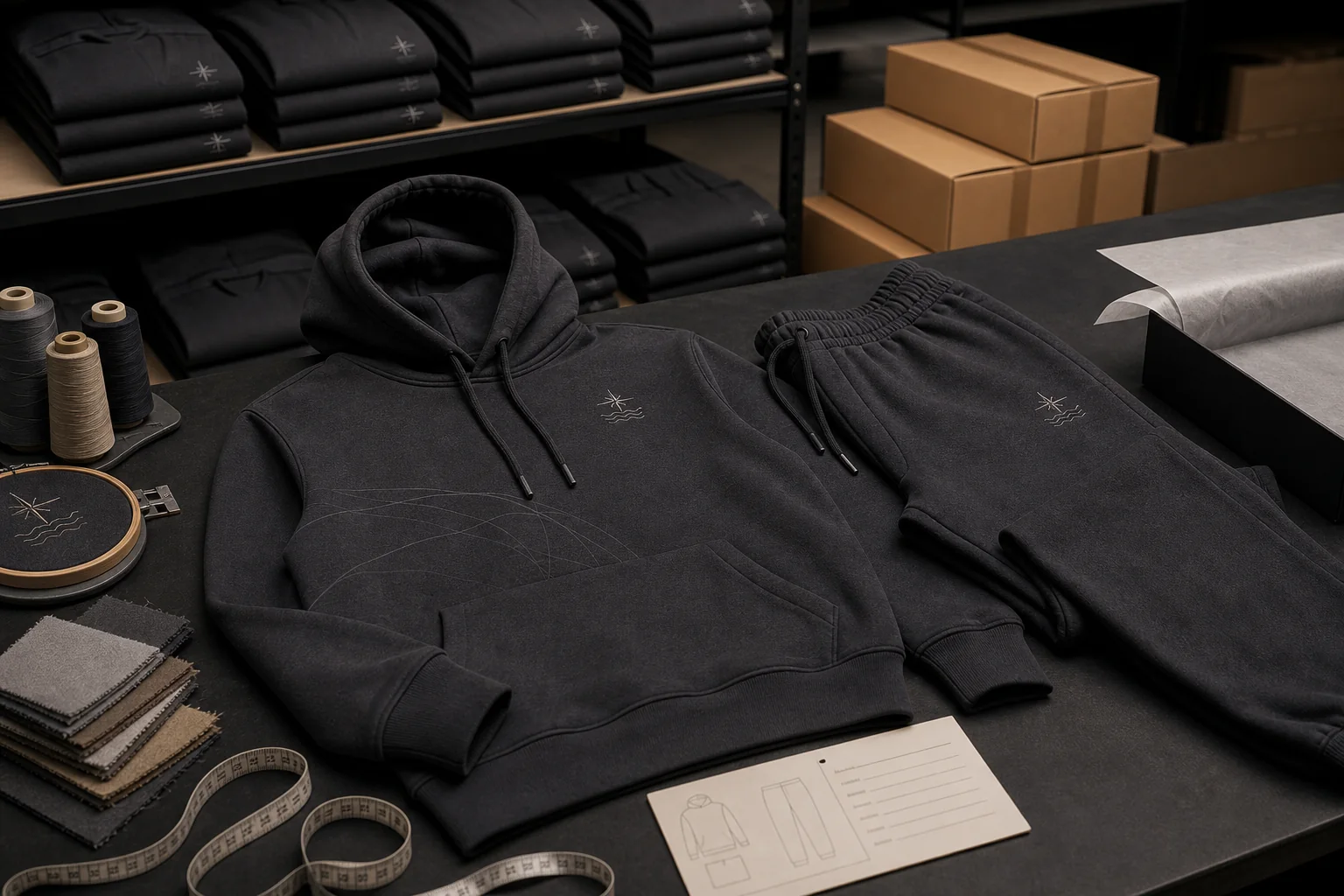 Editorial reconstruction of a custom tracksuit sample, quality-control tools and bulk packing
