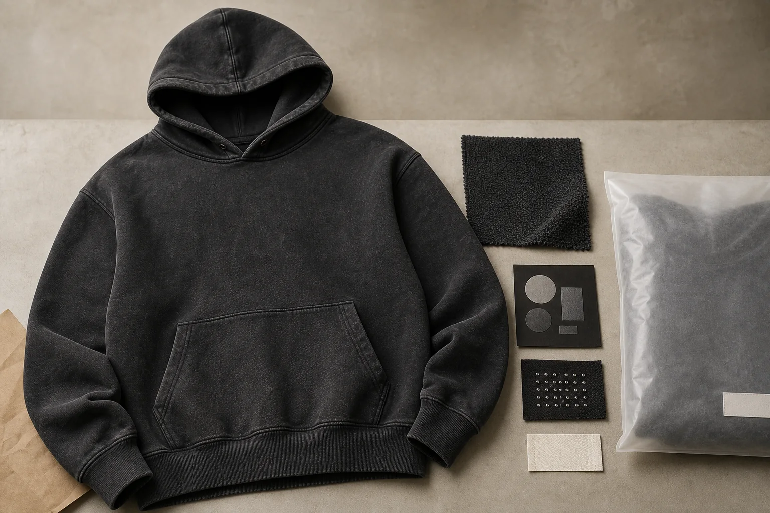 Editorial reconstruction of a washed hoodie order with decoration and packaging details