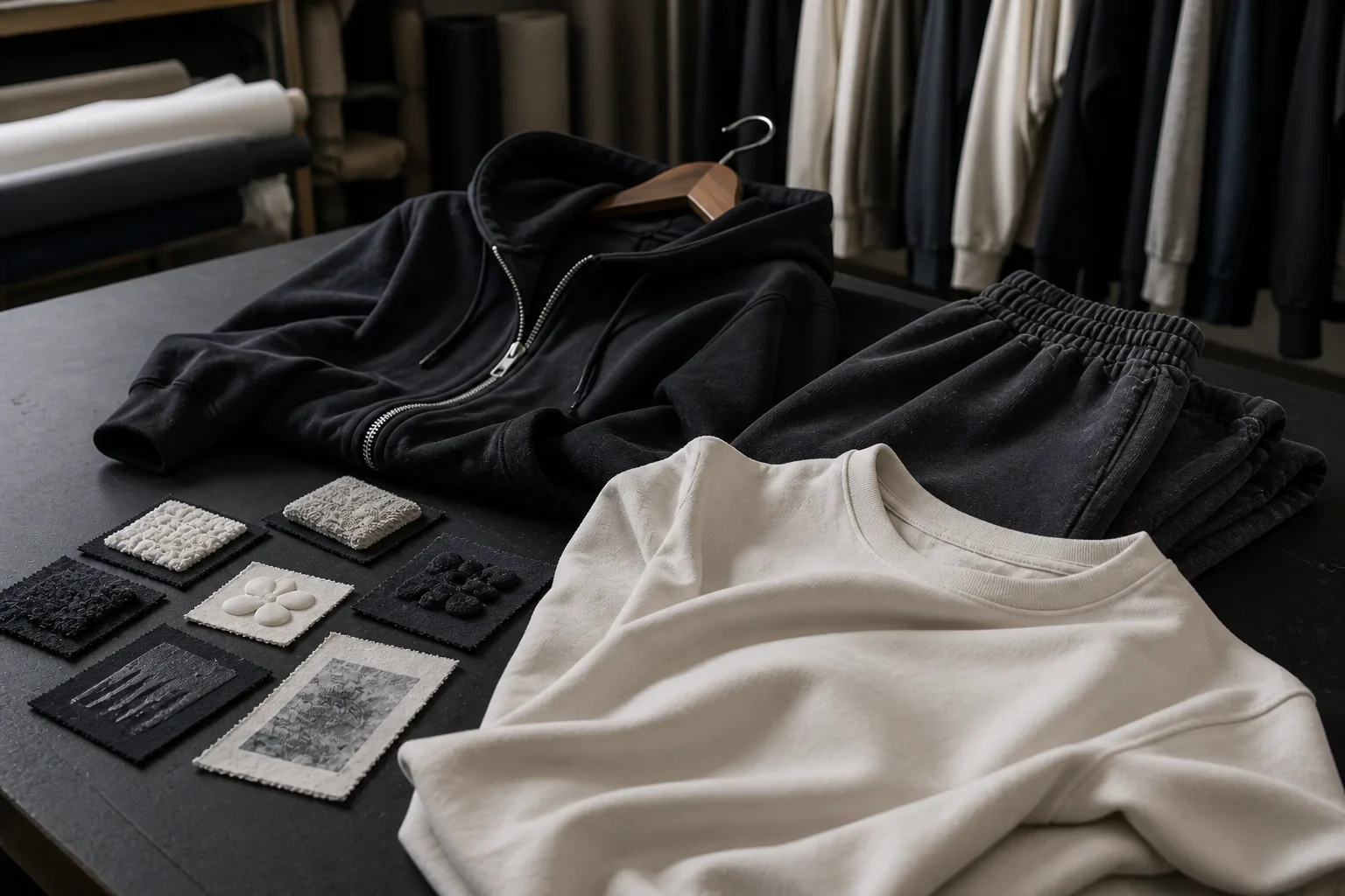 Original editorial reconstruction of unbranded T-shirt, zip hoodie and pants samples with generic decoration tests