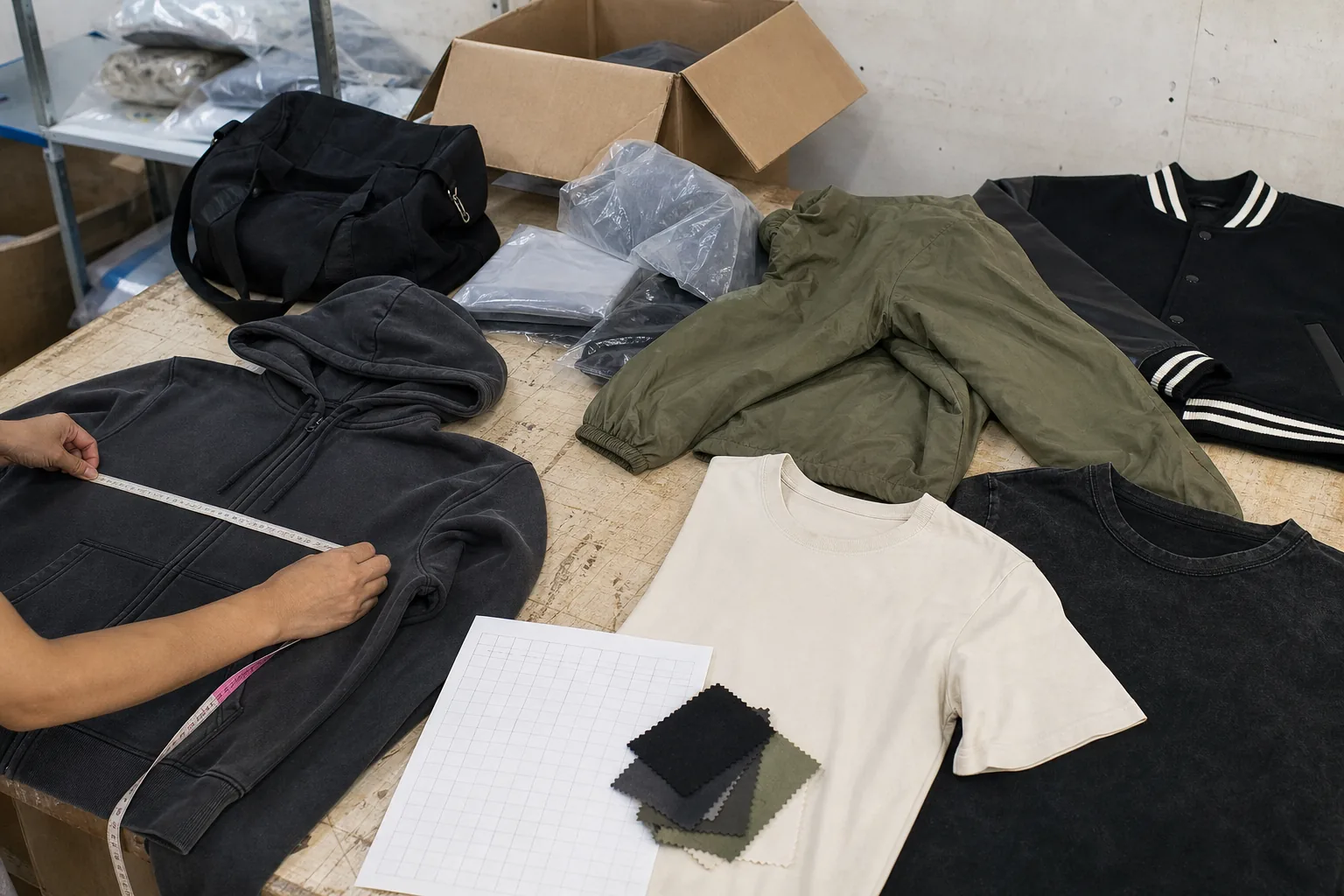 Original editorial reconstruction of a multi-category custom streetwear sampling and packing table