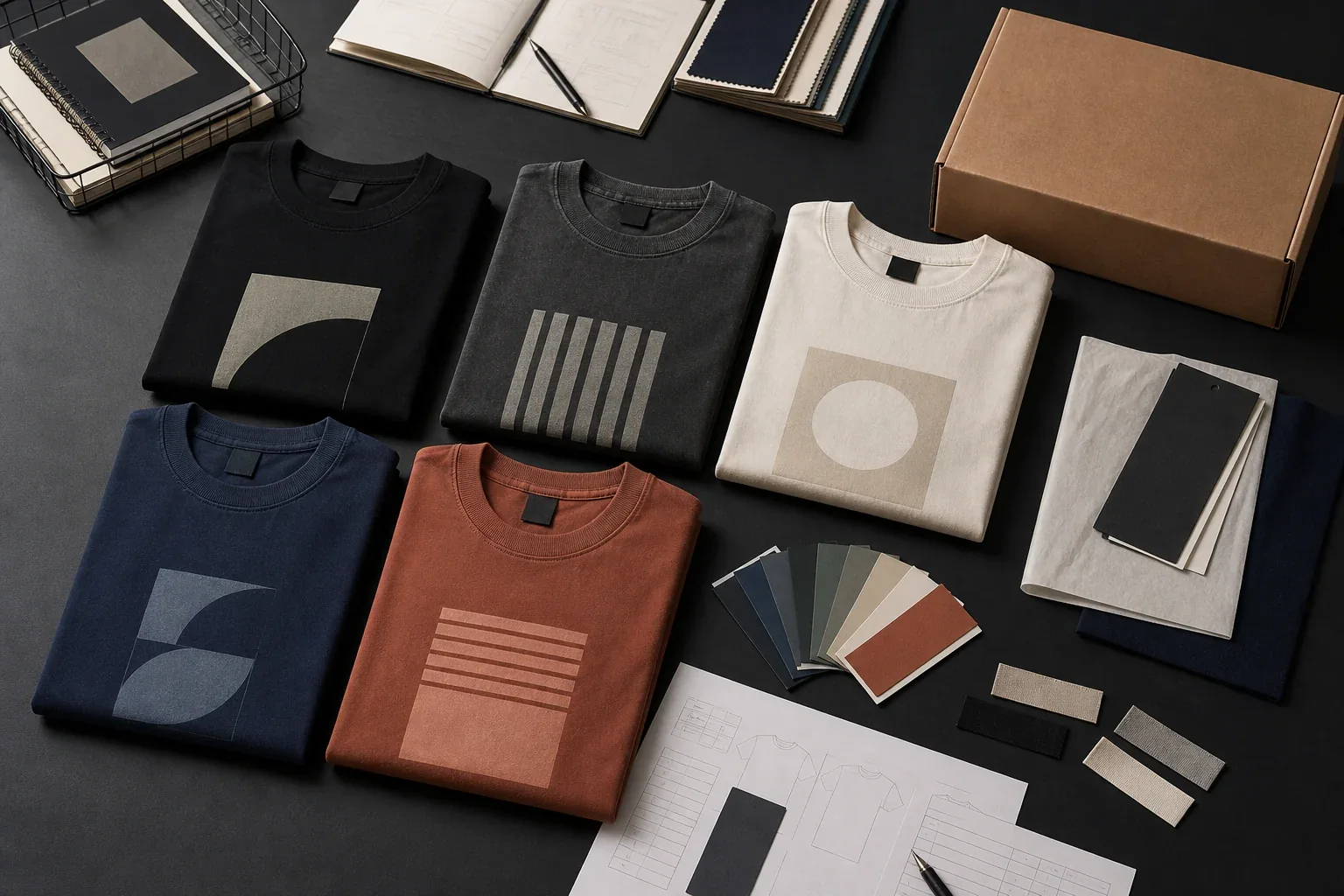 Anonymous editorial reconstruction of five graphic T-shirt programs with color, artwork, label and packing controls
