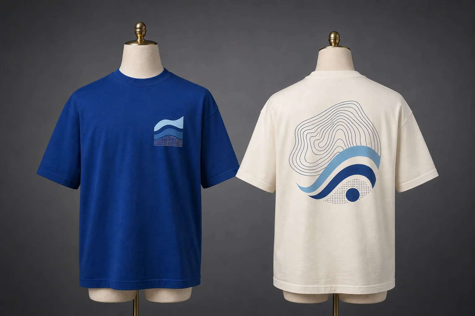 Editorial reconstruction of blue and off-white custom DTF T-shirts for an anonymized startup order