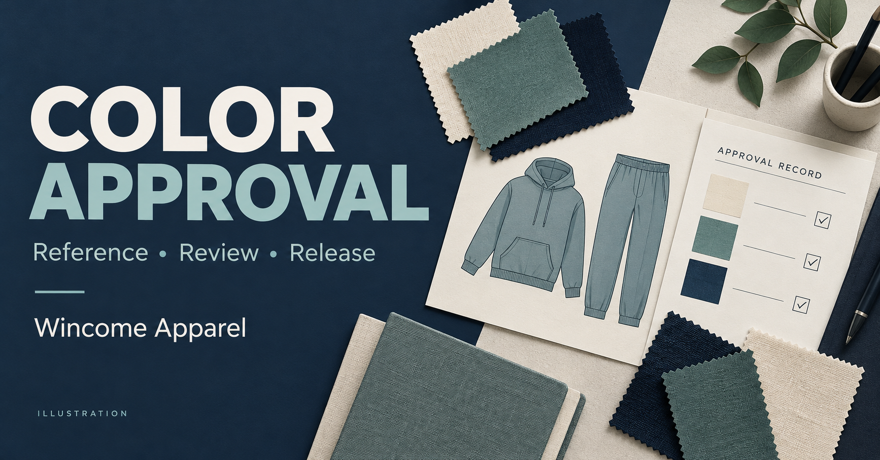 Illustrated clothing color approval desk with fabric swatches, garment components and an approval record.