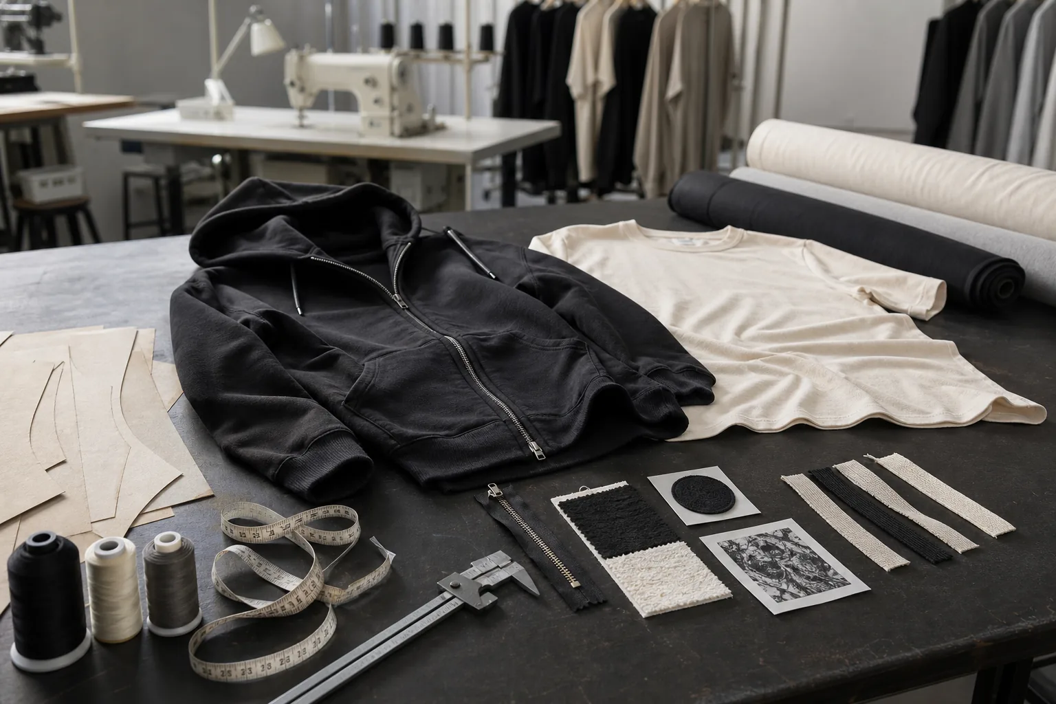 Black hoodie, cream T-shirt, fabric swatches and pattern pieces on an apparel sample-room worktable