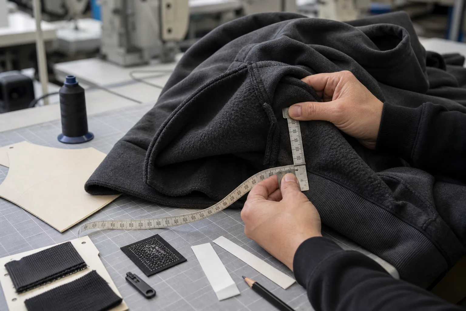 Apparel technician measuring a heavyweight hoodie seam beside fabric swatches and paper patterns