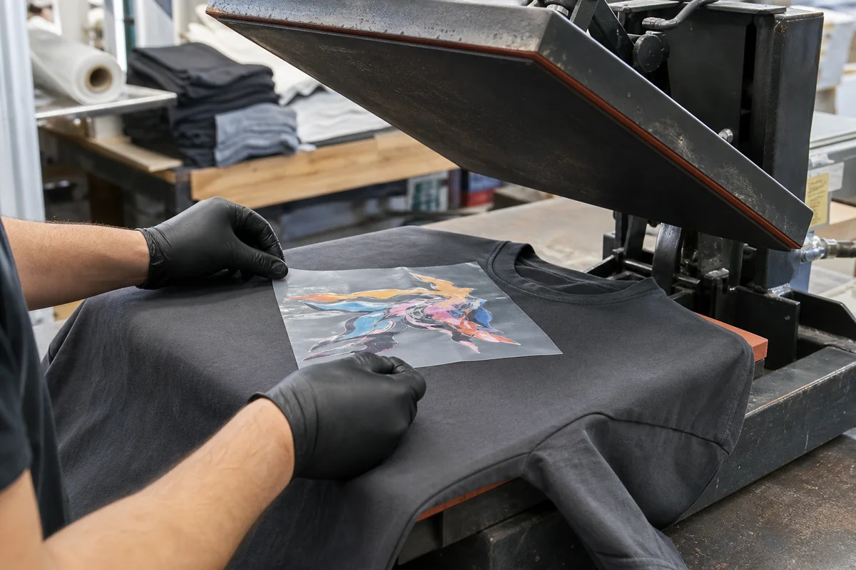 DTF transfer film positioned on a charcoal cotton T-shirt under an open heat press