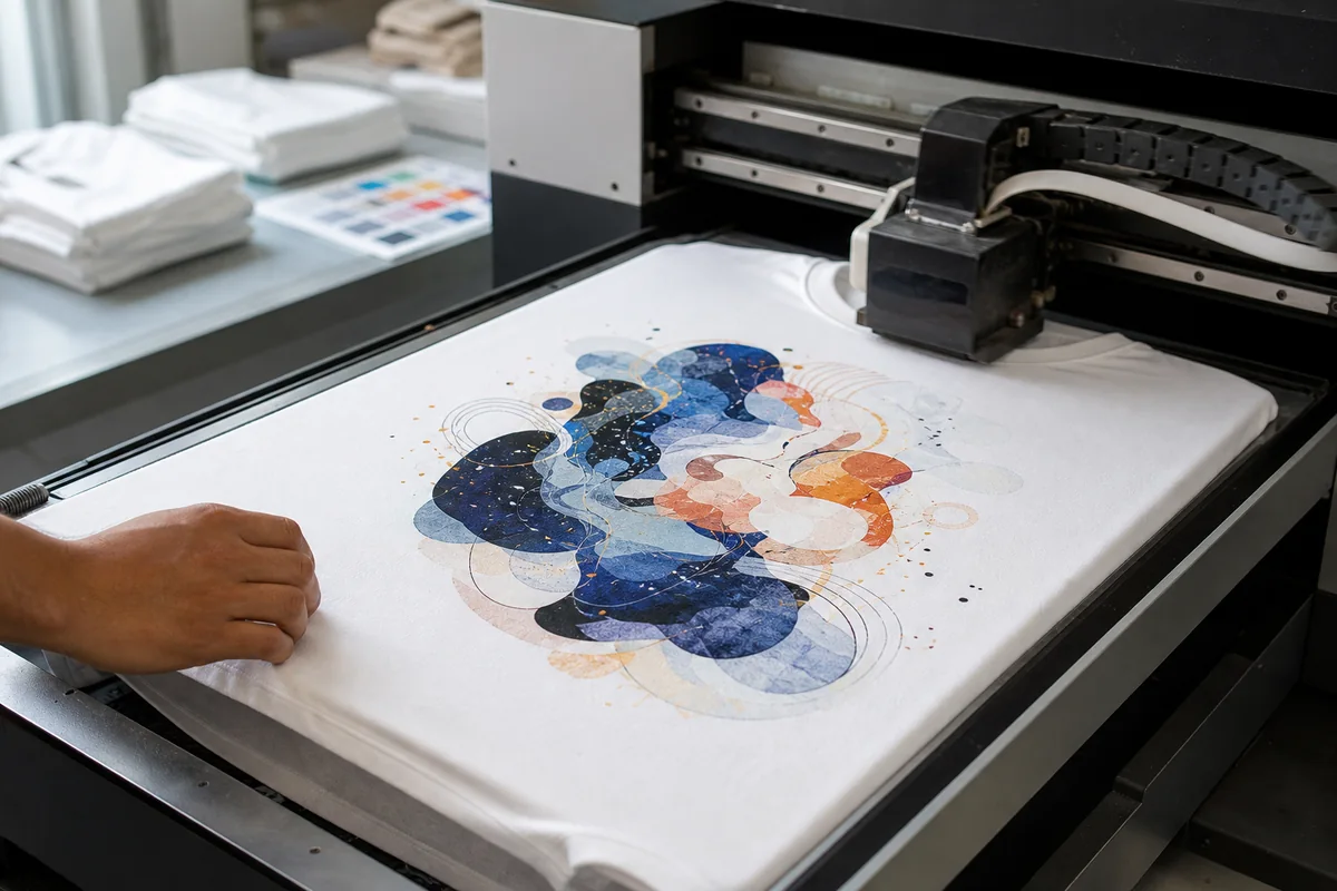 DTG printer applying a multicolor design directly to a white cotton T-shirt