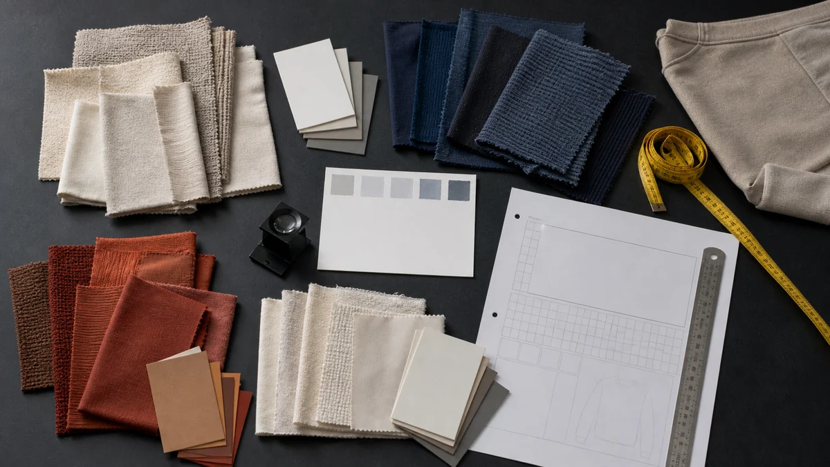 Illustrative overhead fabric sourcing worktable with unbranded swatches, color references and measurement tools
