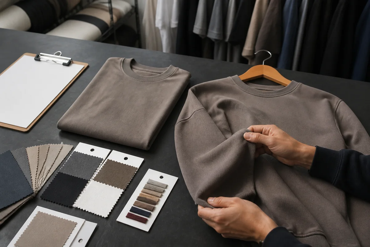 Approved apparel samples and fabric swatches reviewed before a preorder launch