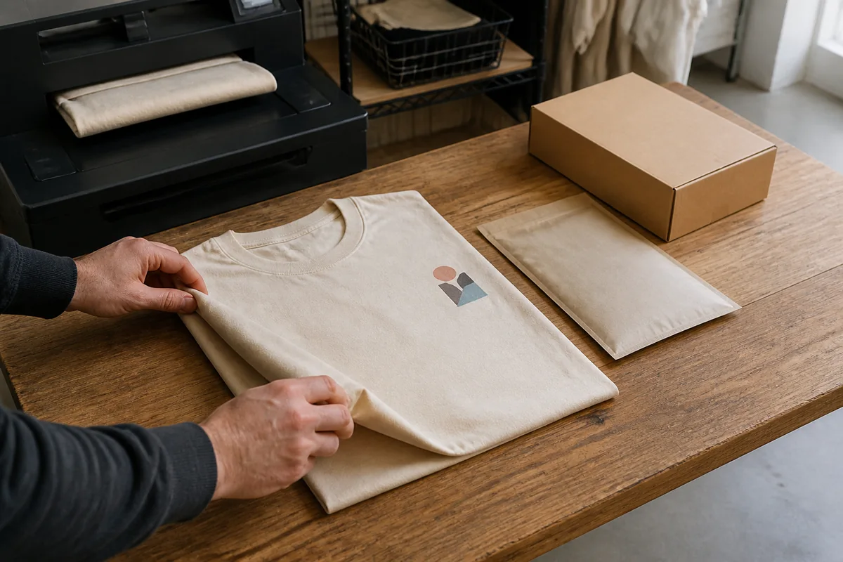 Single print-on-demand T-shirt being folded beside a plain mailer and shipping box