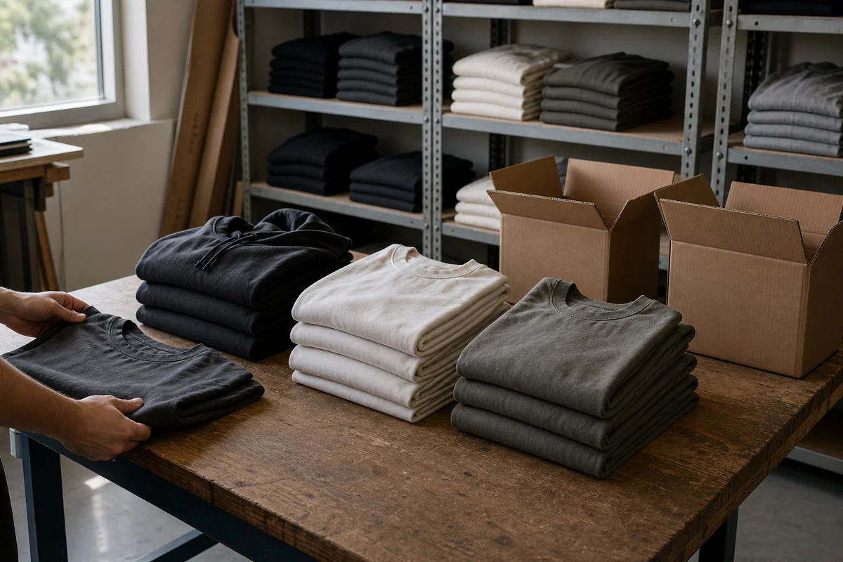 Small-bulk T-shirt and hoodie inventory organized for a first clothing drop