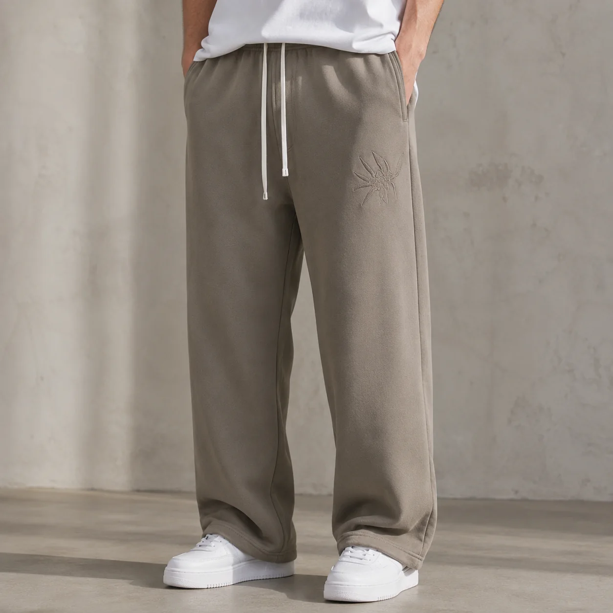 Wide-Leg Taupe Cotton Fleece Joggers With Tonal Embroidered Logo