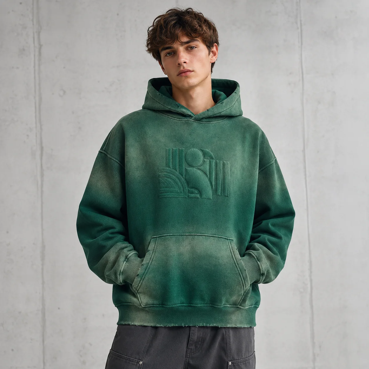 350GSM Fleece-Lined Spray-Dyed Distressed Hoodie