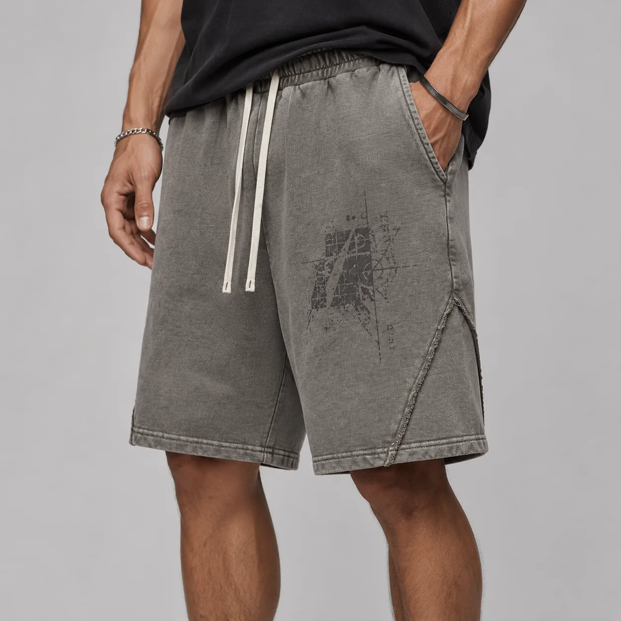 Charcoal 305GSM stretch cotton-blend shorts with washed seams and representative graphic