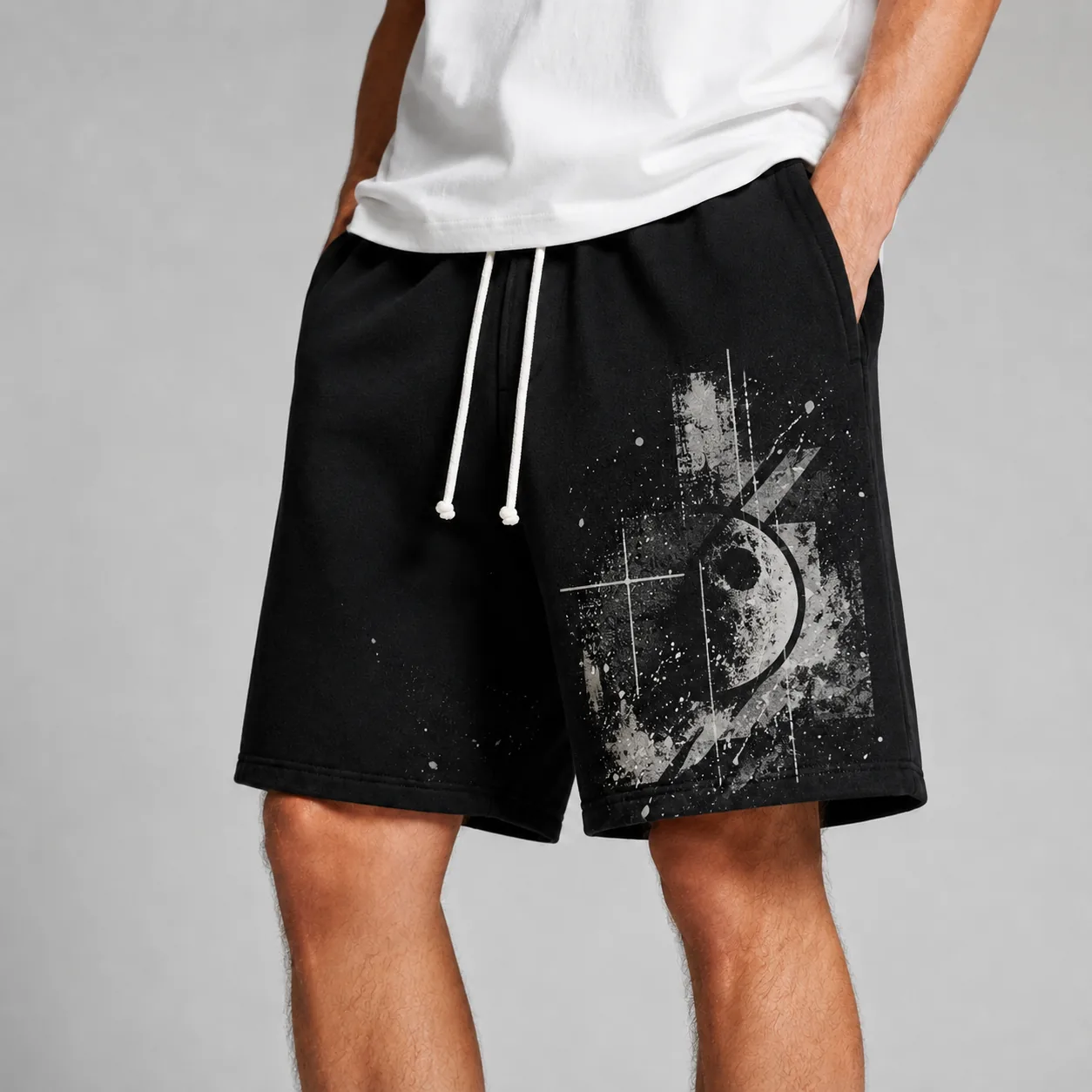 Black washed cotton-blend loose-fit shorts with representative abstract graphic