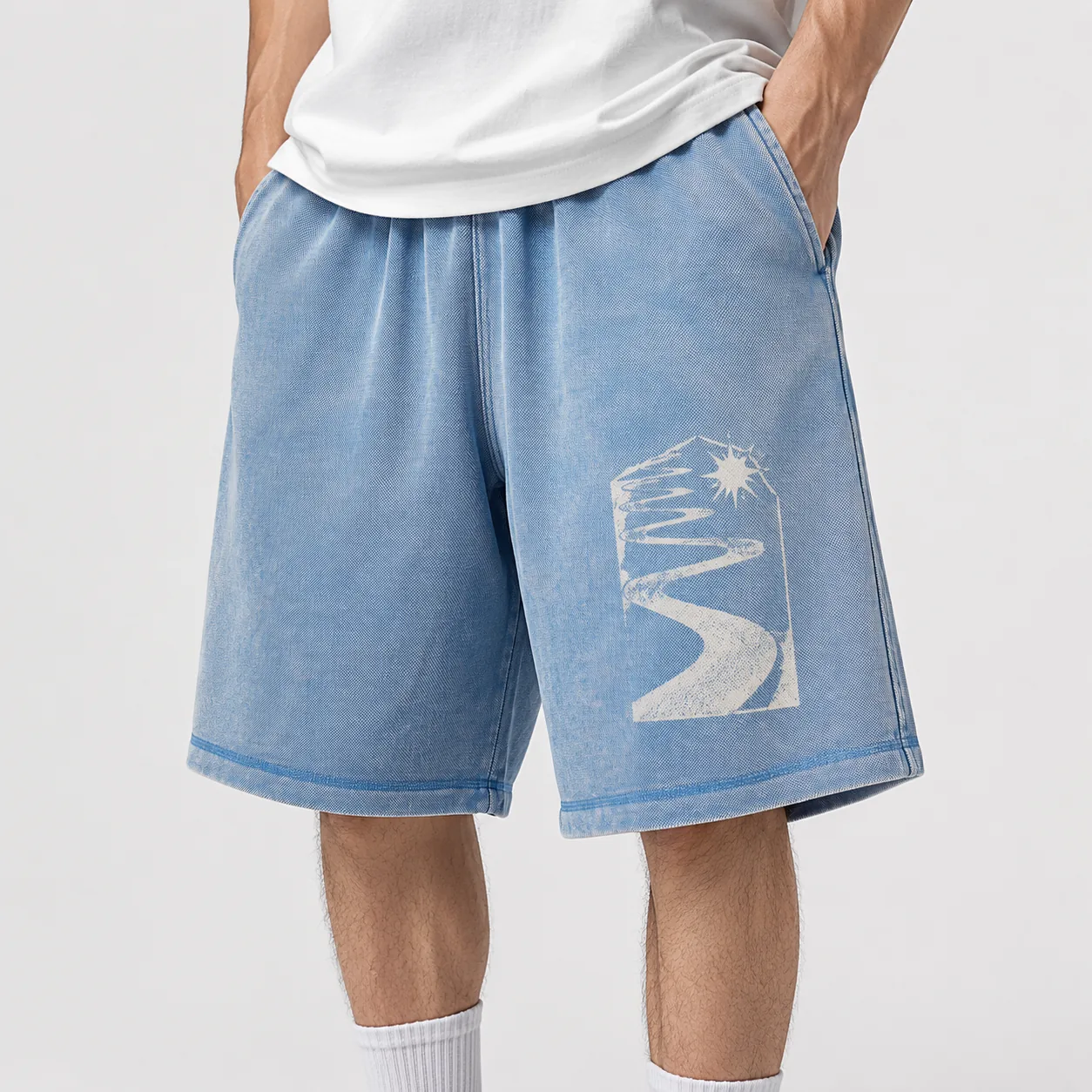 Washed blue 400GSM pique cotton-blend straight-fit shorts with representative graphic