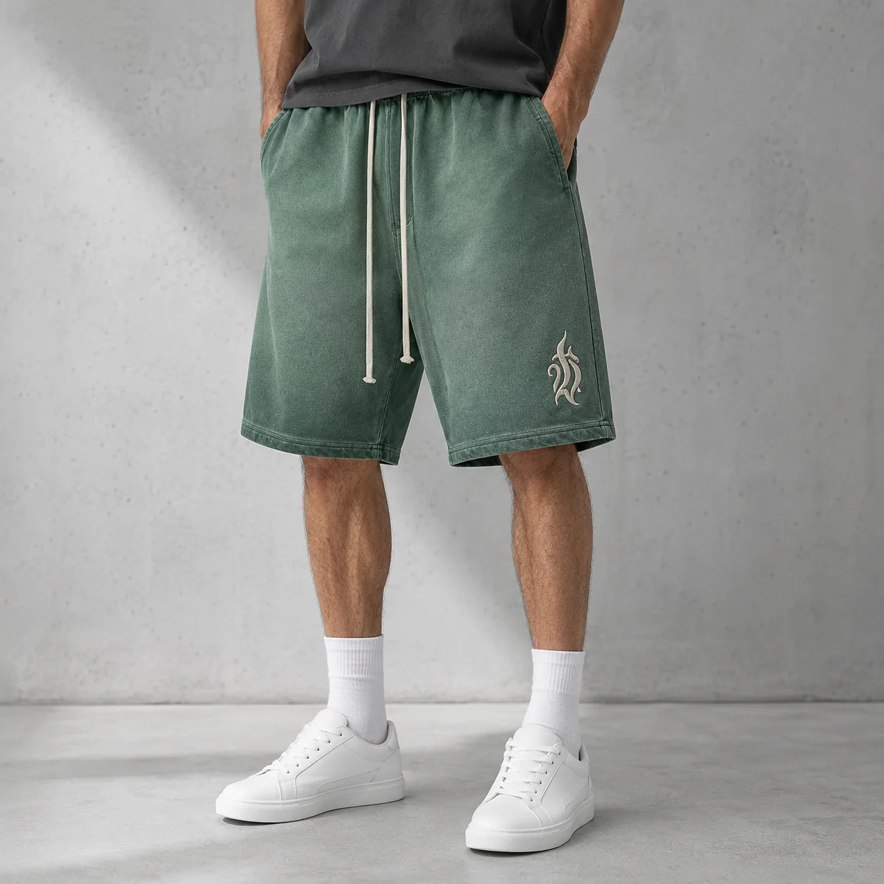Vintage Sage Green Cotton Fleece Shorts With Embroidered Logo