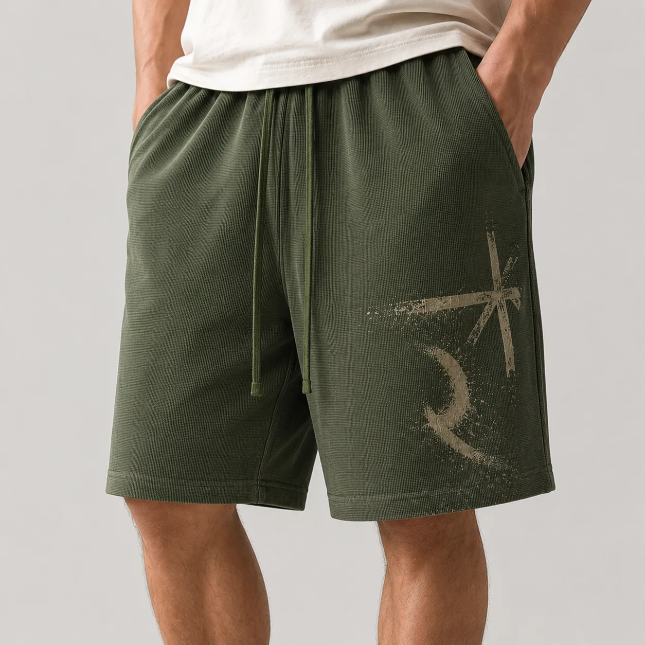 Olive 325GSM waffle-knit cotton shorts with representative front graphic