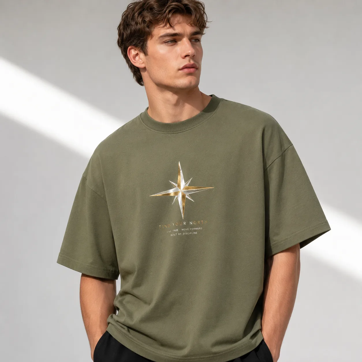Olive 245GSM cotton drop-shoulder T-shirt with representative front graphic