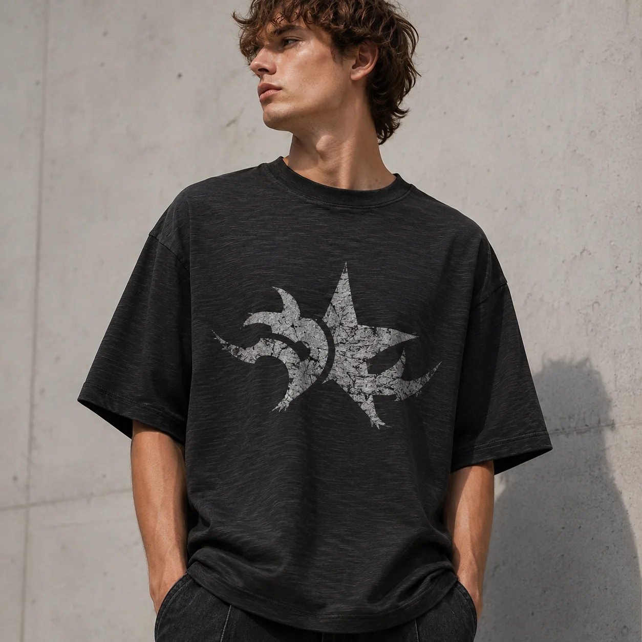 Black 230GSM slub cotton-blend T-shirt with representative silver graphic