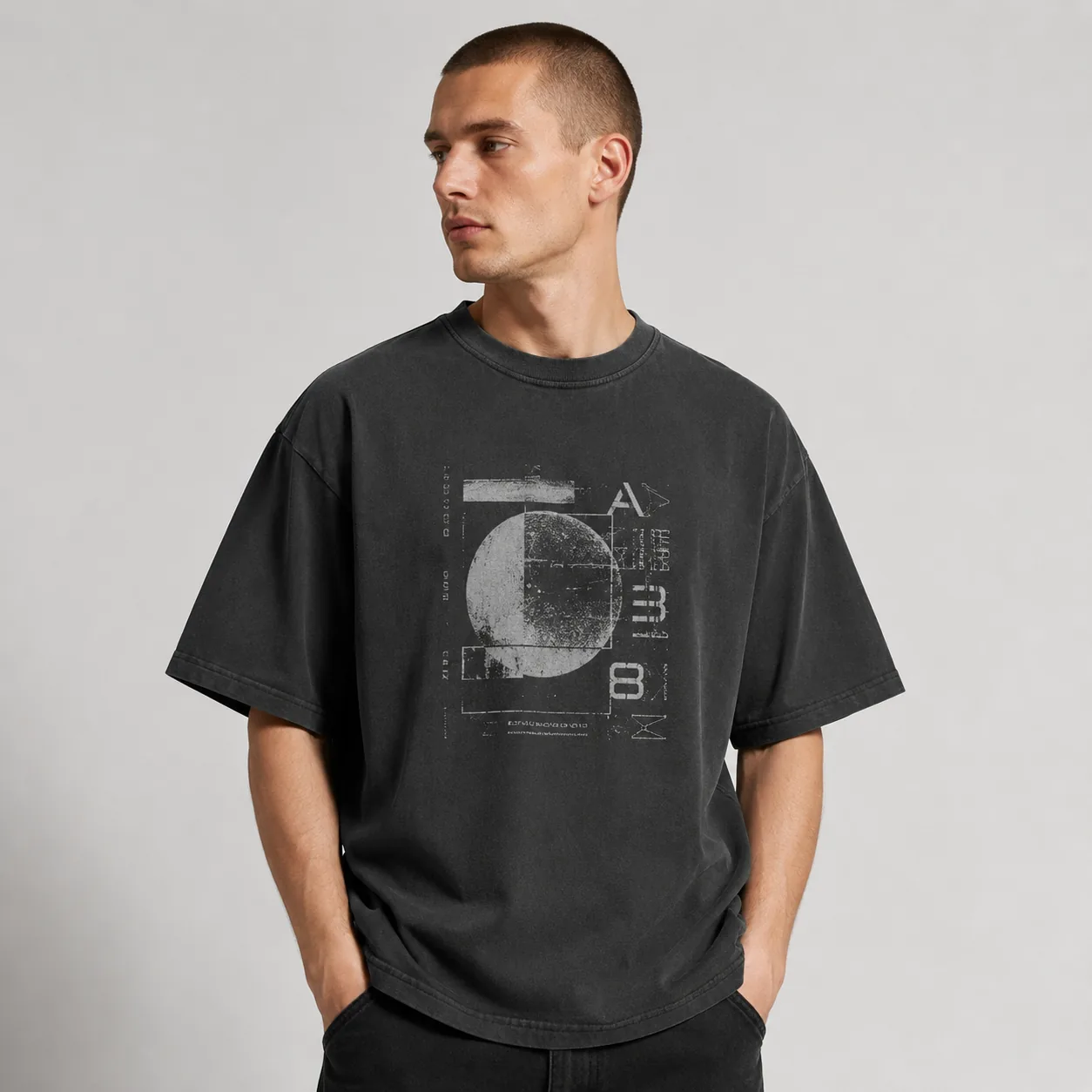 Black 275GSM washed cotton T-shirt with integrated rib-panel construction and representative geometric print