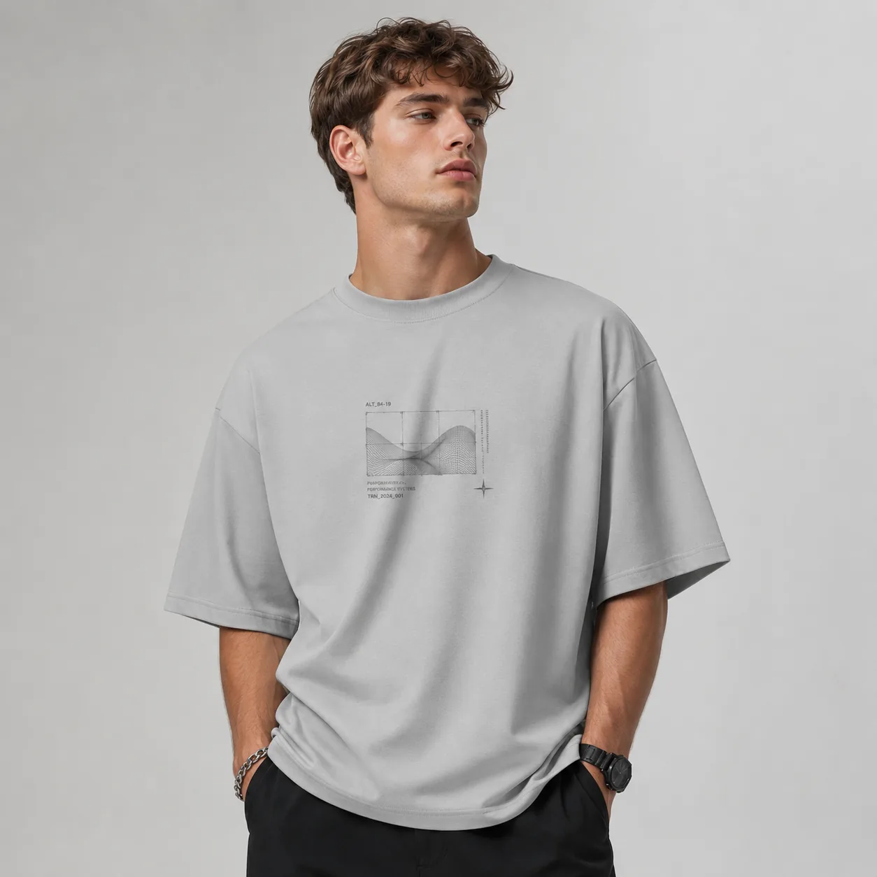 Light grey 245GSM honeycomb mesh cotton-blend T-shirt with representative tonal square graphic