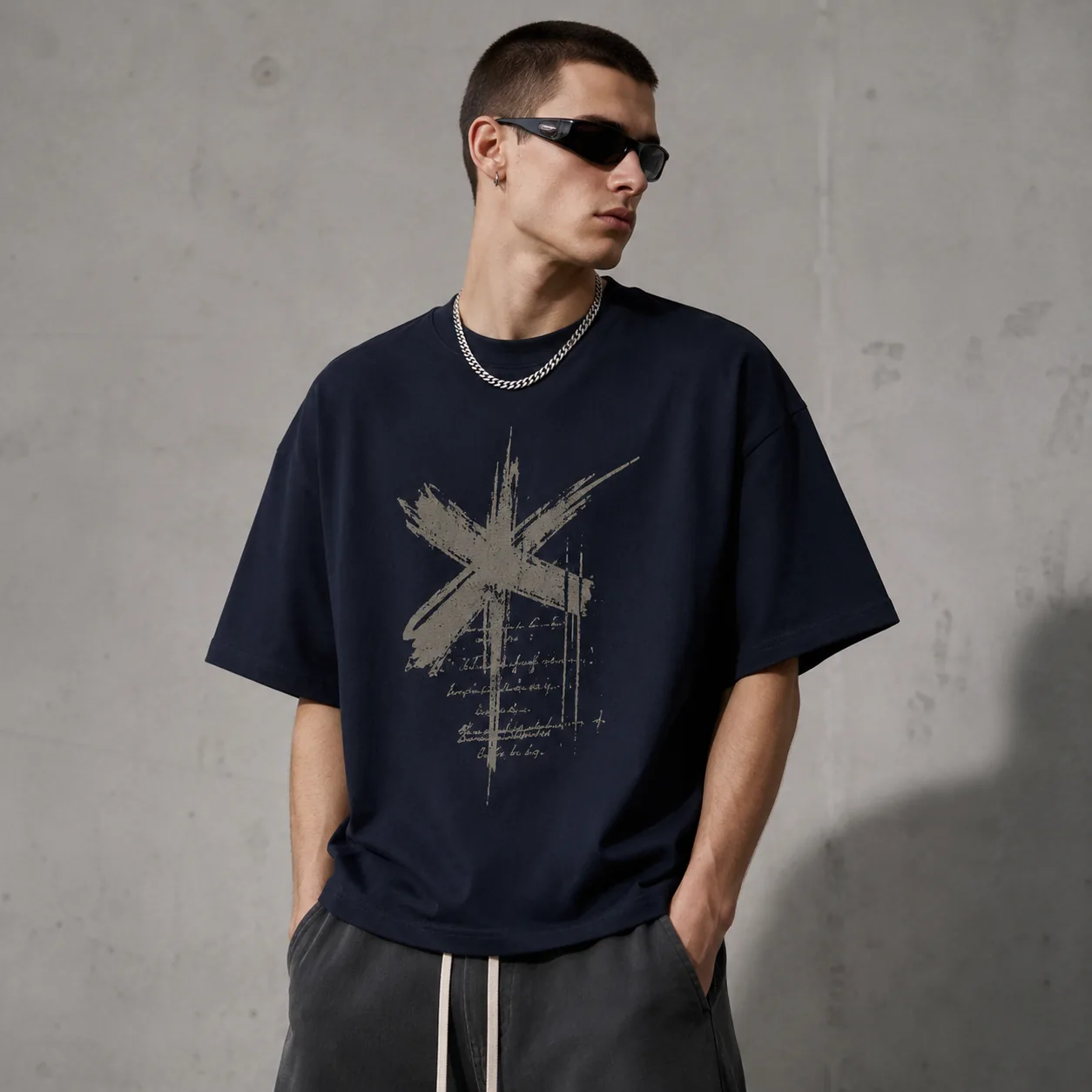 Navy 305GSM heavyweight cotton T-shirt with representative abstract front graphic